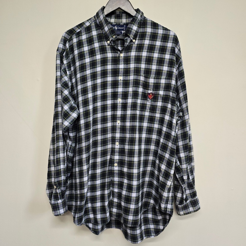 Ralph Lauren Tilden Shirt Mens XL Green Plaid Shield Crest Cotton Preppy